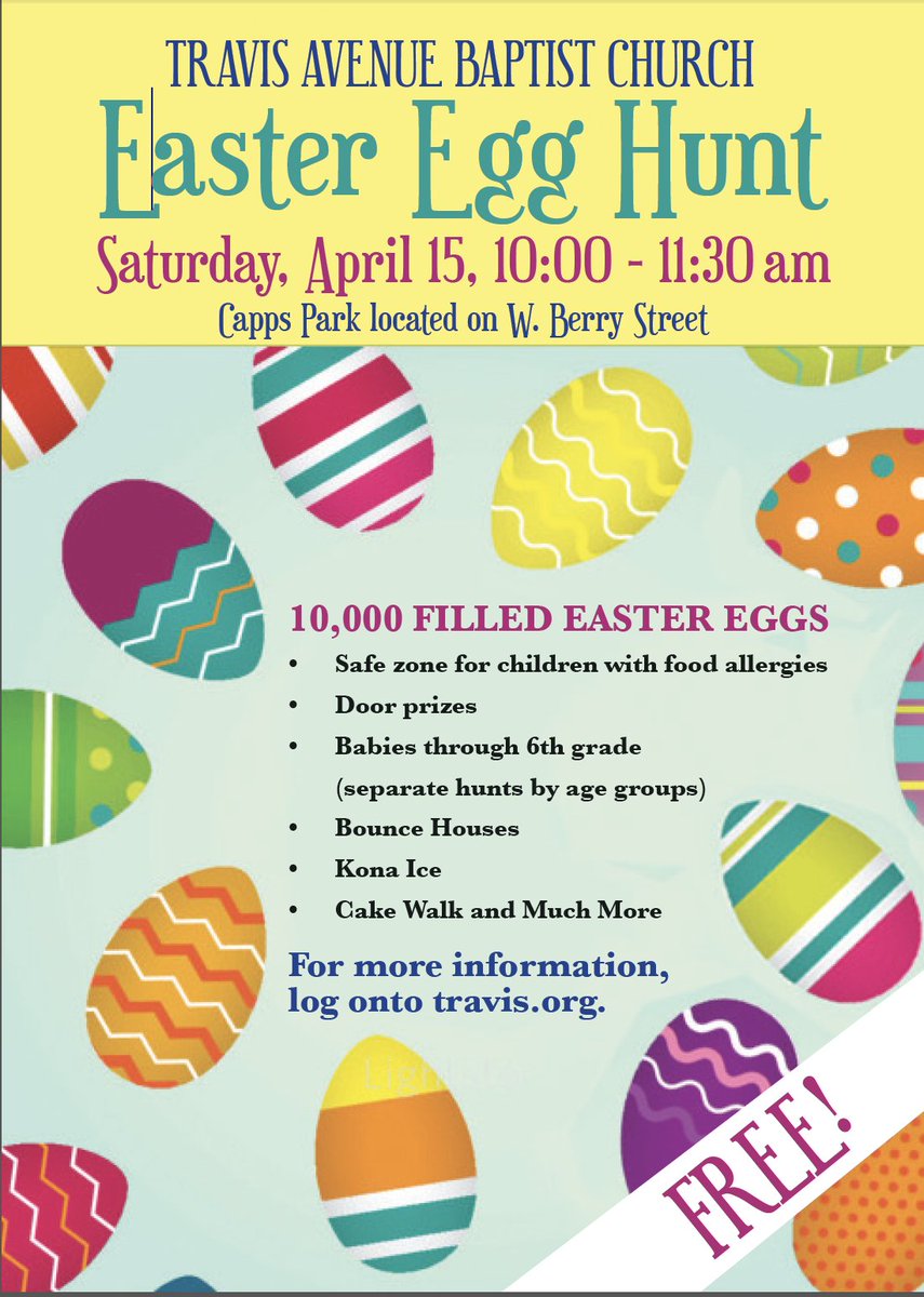 chadbrantley's tweet photo. Come join us this Saturday at 10 am for @TravisAvenueBC Easter Egg Hunt.  15,000 Eggs, Bounce Houses, @KonaFW &amp; much more. @TravisAveKids https://t.co/TB16GZAeF5