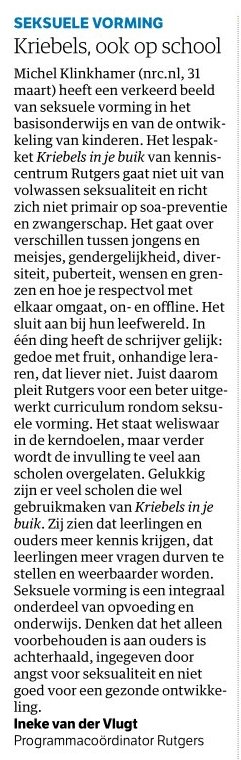Onze <a href="/Ivdvlugt/">Ineke van der Vlugt</a> in NRC over waarom seksuele vorming wél in het basisonderwijs thuishoort