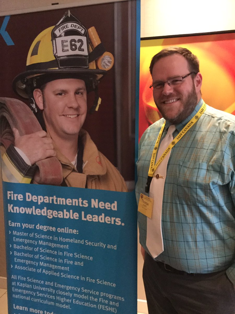 IAFFCanada's tweet photo. Are you at the #iaffcdnleg? Drop by the @Kaplan_Univ booth to meet Thomas and learn how you can earn a fire science degree online https://t.co/qE0myuX8wA