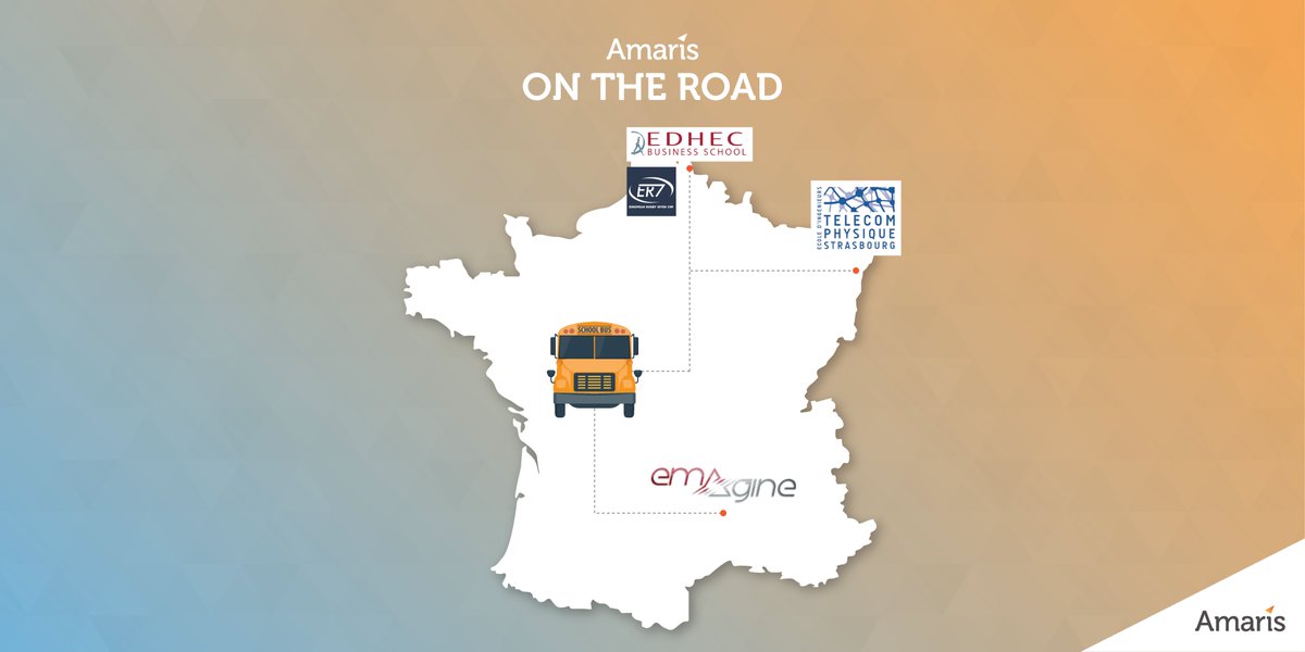 Amaris's tweet photo. We’re on the road to meet you. Our stops: #TelecomPS,
 @MinesAles and @EDHEC_BSchool. Check our route here: https://t.co/KnINsHD6bs https://t.co/RQ8Lw3PgNH