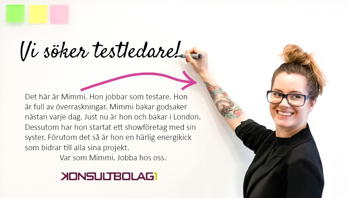 Konsultbolag1's tweet photo. Var som Mimmi. Jobba hos oss. https://t.co/LvmN7J1V82
#Konsultbolag1 #Jobb #Jobba #Testledare https://t.co/Dc3cYwtG23