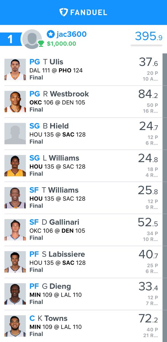 jac3600's tweet photo. Not ready to let the NBA go just yet! @FanTeamAdvice #GPPwinner https://t.co/22El8J7unZ