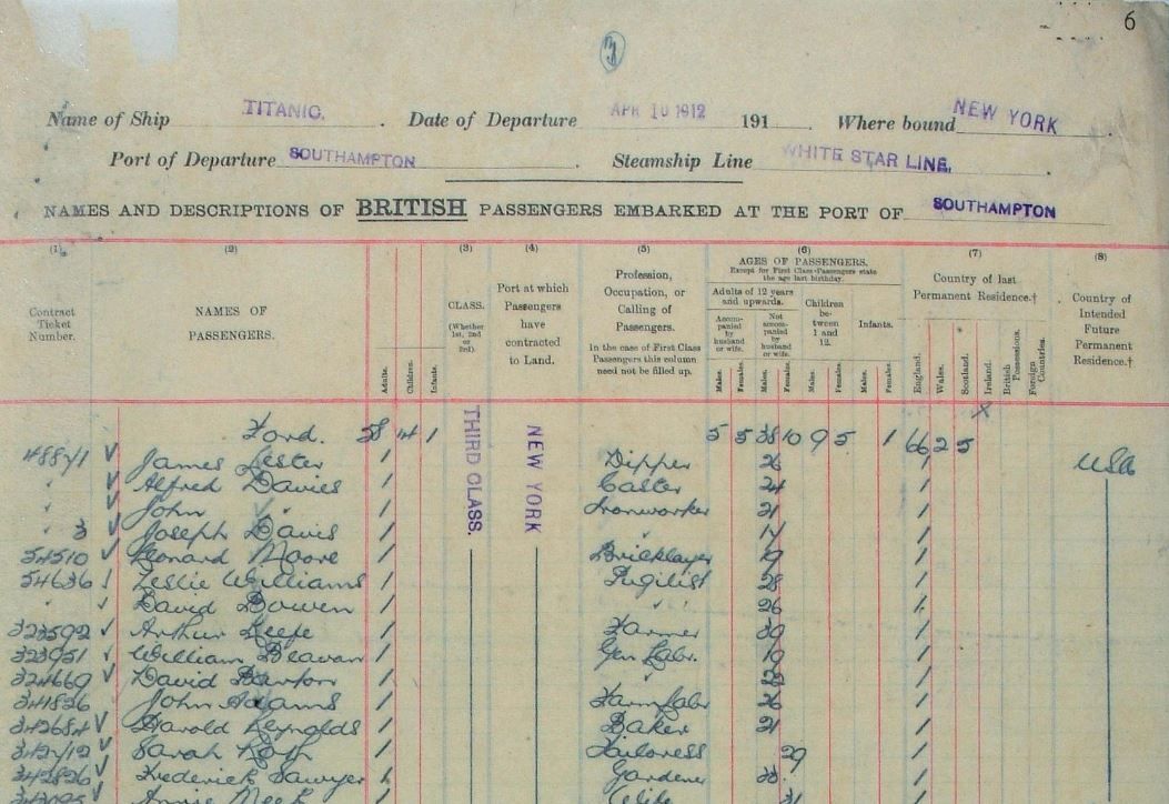 UkNatArchives's tweet photo. Page of the passenger list for #Titanic, which set sail #OTD 1912 from Southampton on its ill-fated voyage. https://t.co/5Mpdtdd2ev