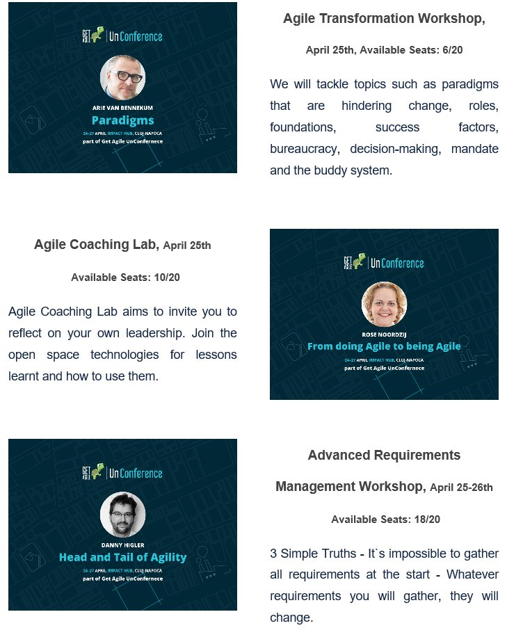 Get_Agile's tweet photo. Seats are filling up fast! Book yours today at https://t.co/dIhWpmF2iT!
@Get_Agile UnConference in Cluj-Napoca | 24-27 April | Impact Hub https://t.co/nxUgs28H6w
