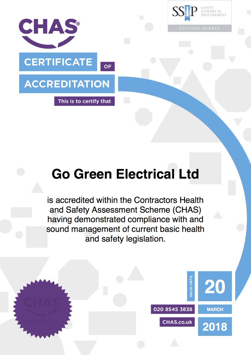 <a href="/gogreenelc/">Dan F</a> now have <a href="/ssip_org_uk/">SSIP</a>  accreditation with <a href="/CHAS2013Ltd/">CHAS</a> for #2017 #SafetyFirst #electricalcontractors #commercialelectricians ⚡️