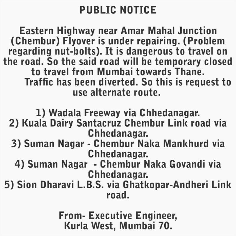 MumbaiPolice's tweet photo. Traffic congestion on eastern express highway due to repair and maintenance work of Amar Mahal. Request commuters to use alternate route https://t.co/fT7UstxDu1