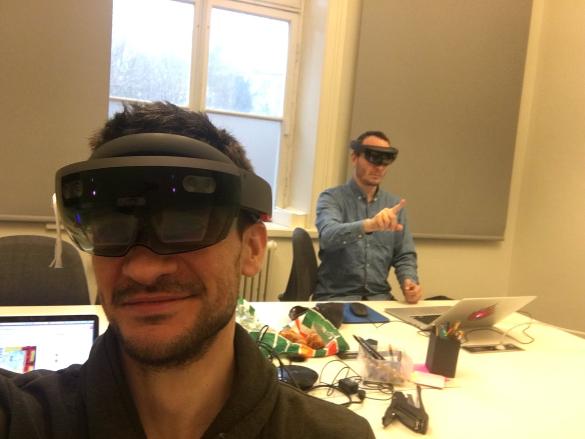 sunekaae's tweet photo. Upgraded to 2 x @HoloLens to enable collaboration. Awesome new world of physical/digital mash-ups. w @AdamWittsell #Sthlmtech #Veryday #AR https://t.co/joOKpCxpLZ