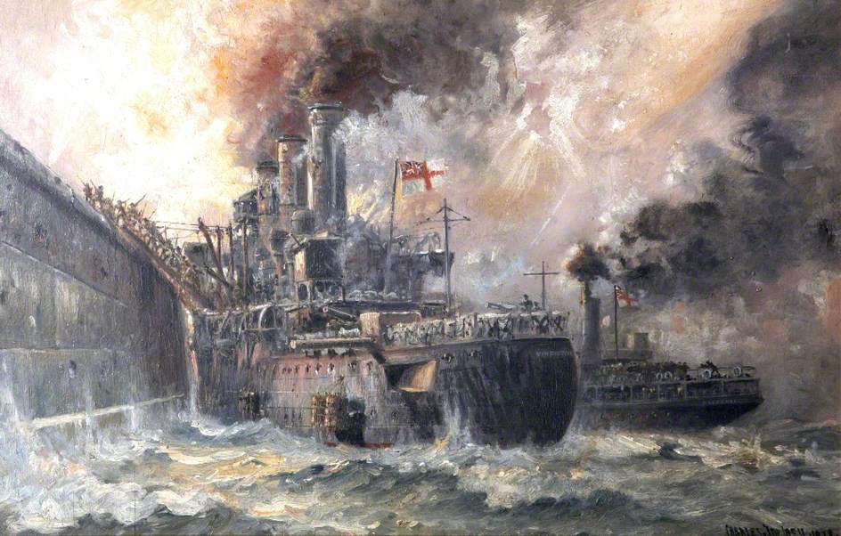 BritainsMilHist's tweet photo. HMS 'Vindictive' Storming Zeebrugge Mole.

Painting by Charles John de Lacy https://t.co/zzpNZF8mD0