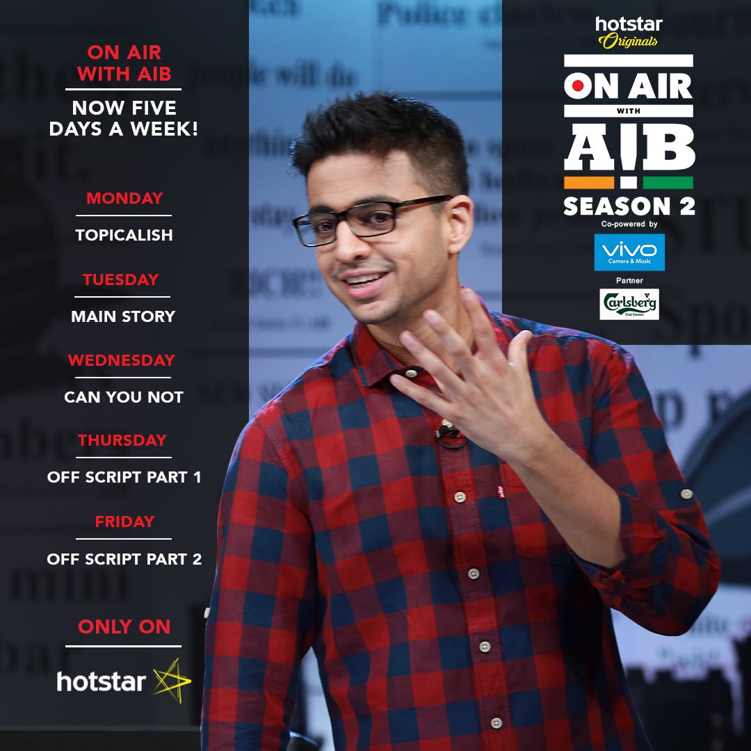 AllIndiaBakchod's tweet photo. Starting this week, On Air with AIB is spread out over all five weekdays with a new bit dropping every day at 11, on Hotstar! https://t.co/n4MeGEmdZf