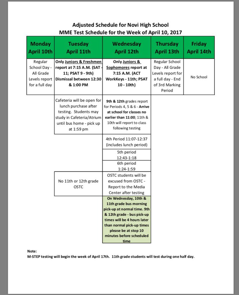 Adjusted schedule this week due to testing. Please "Be in the Know." @NoviAcademics <a href="/NCSD/">Novi Community School District</a>