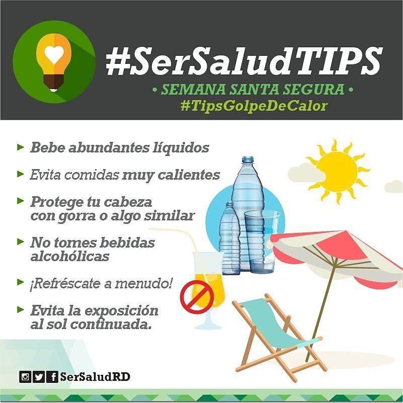 SerSaludRD's tweet photo. ¡Comenzó la Semana Santa y con ella nuestros #SerSaludTips!

Sigue estos Tips de #GolpedeCalor para protegerte esta semana donde podrás est… https://t.co/0YGMSNKgND