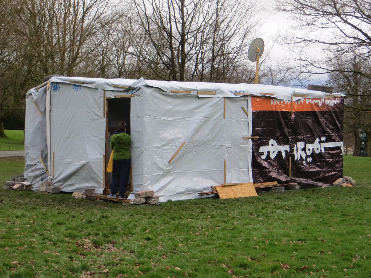 ArchaeoManc's tweet photo. Refugee's shelter sculpture on display 13-17 April https://t.co/0ItuEpbpeL Prev.Yorkshire Sculpture Park. #MMLifeJacket display @McrMuseum https://t.co/EKORqtBa5V
