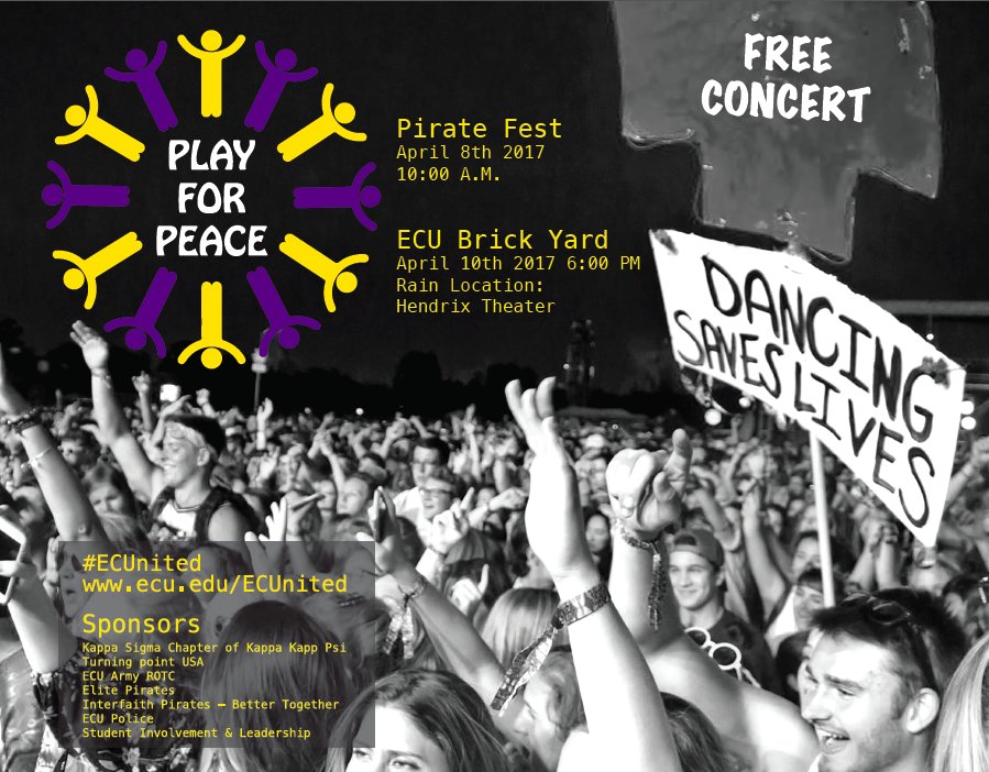 ECUInnerPirate's tweet photo. The Play for Peace (FREE) Concert is TONIGHT at 6pm on the MSC Brickyard. https://t.co/DlB2L1tGkH #ECUnited https://t.co/zVjUB22RiZ