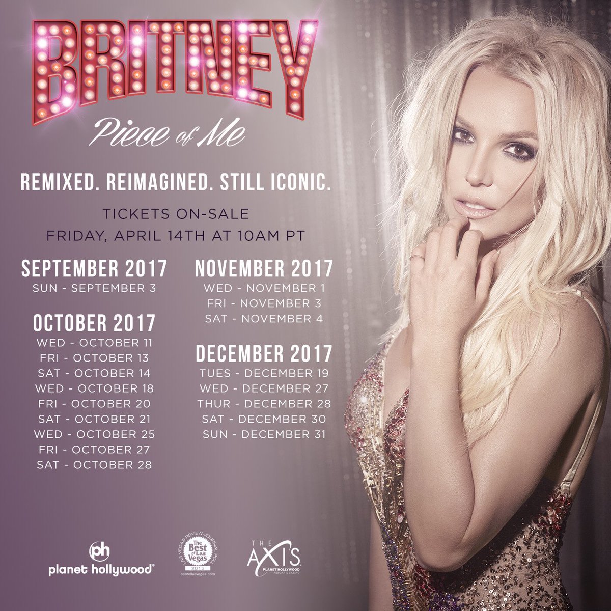 britneyspears's tweet photo. The last #PieceOfMe dates... ever. Saying goodbye to this show is going to be SO hard 💜 Tix on sale 4/14 at 10am PT https://t.co/1VyE3Bb7fX https://t.co/tvbs7p1FV3