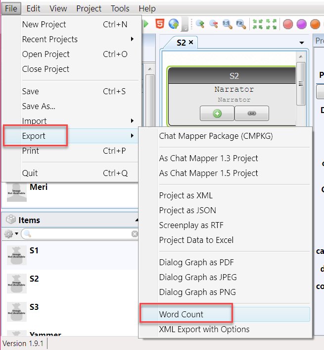 ChatMapper's tweet photo. @AshBlueWD Hi @AshBlueWD here are the steps for the word count. File->Export->Word Count.If this is not available in your menu, please contact support. https://t.co/1qFoc3IVgQ