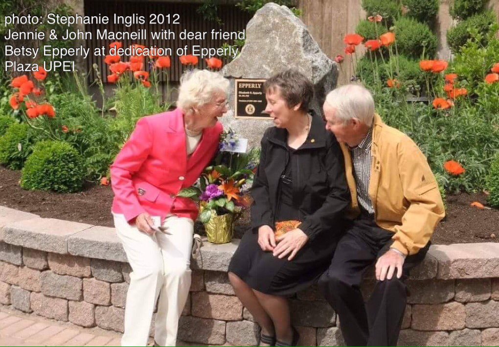 LM Montgomery champions (John &amp; Jennie Macneill)  laughing with LMM scholar, Elizabeth Epperly, at University of Prince Edward Island.