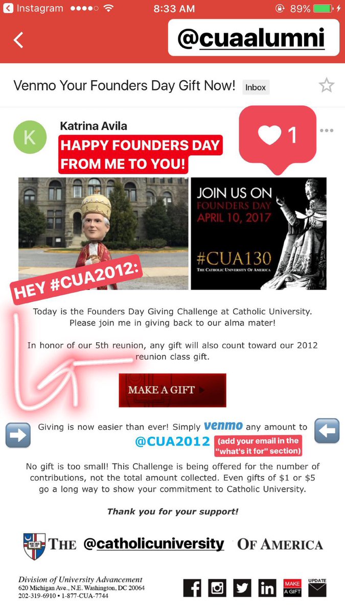 KatrinaMarie8's tweet photo. FYI #CUA2012 alums: any #FoundersDay #CUA130 gift made, will count toward our #CardWknd17 reunion class gift! & NOW you can VENMO your gift: https://t.co/WyrAls3cae