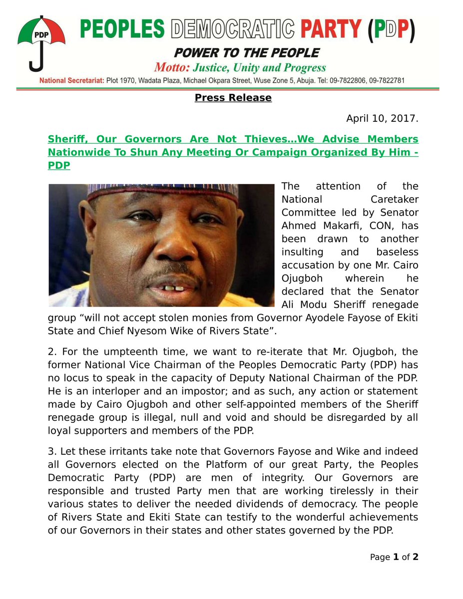 OfficialPDPNig's tweet photo. Sheriff, Our Governors Are Not Thieves…We Advise Members Nationwide To Shun Any Meeting Or Campaign Organized By Him - PDP https://t.co/fBVwTBwSNI