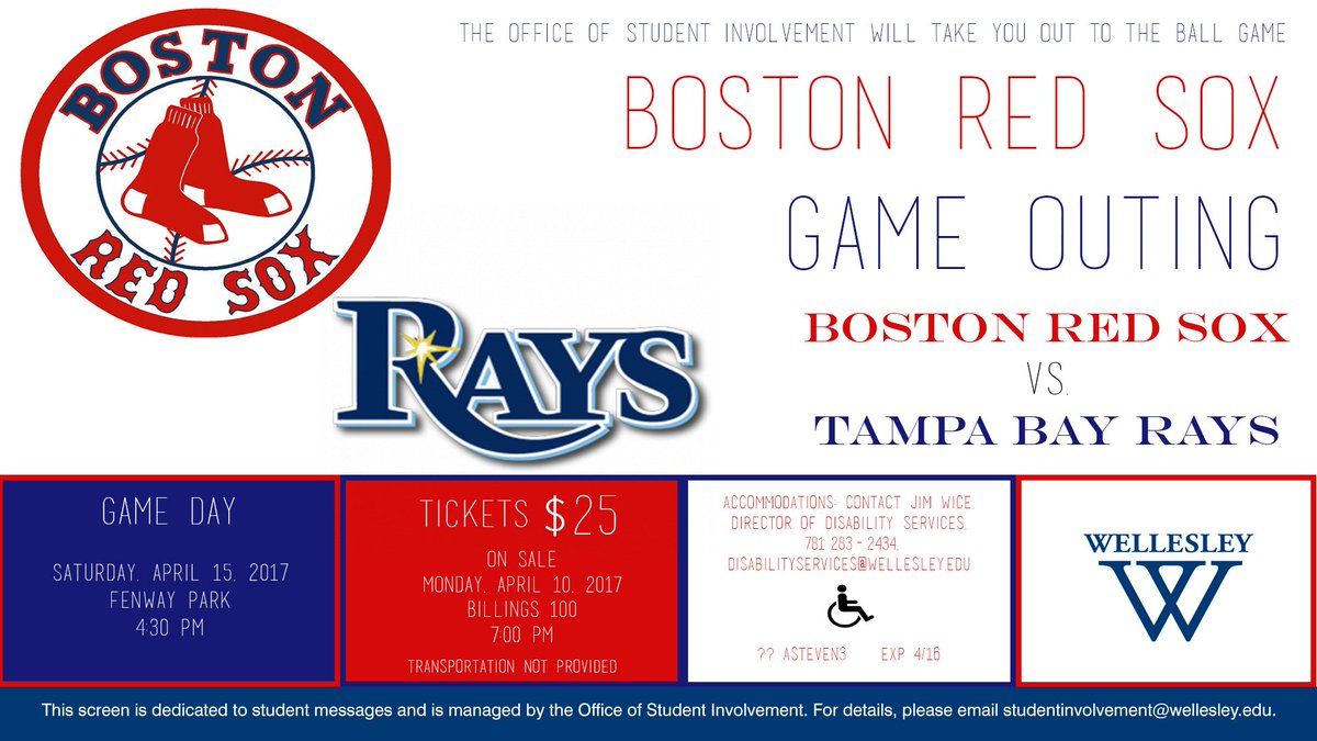 WellesleyOSI's tweet photo. Red Sox tickets for Saturday, April 15th go on sale tonight 7pm $25 in Billings 100 https://t.co/8CdNFKv7Fi