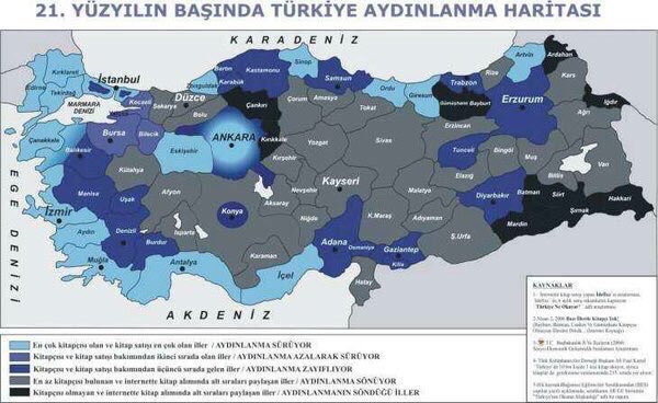 En çok kitapevi ve kitap satışı olan iller:
Siyah=Hiç yok 
Gri=En az olan 
Lacivert=Orta 
Açık mavi=En çok
