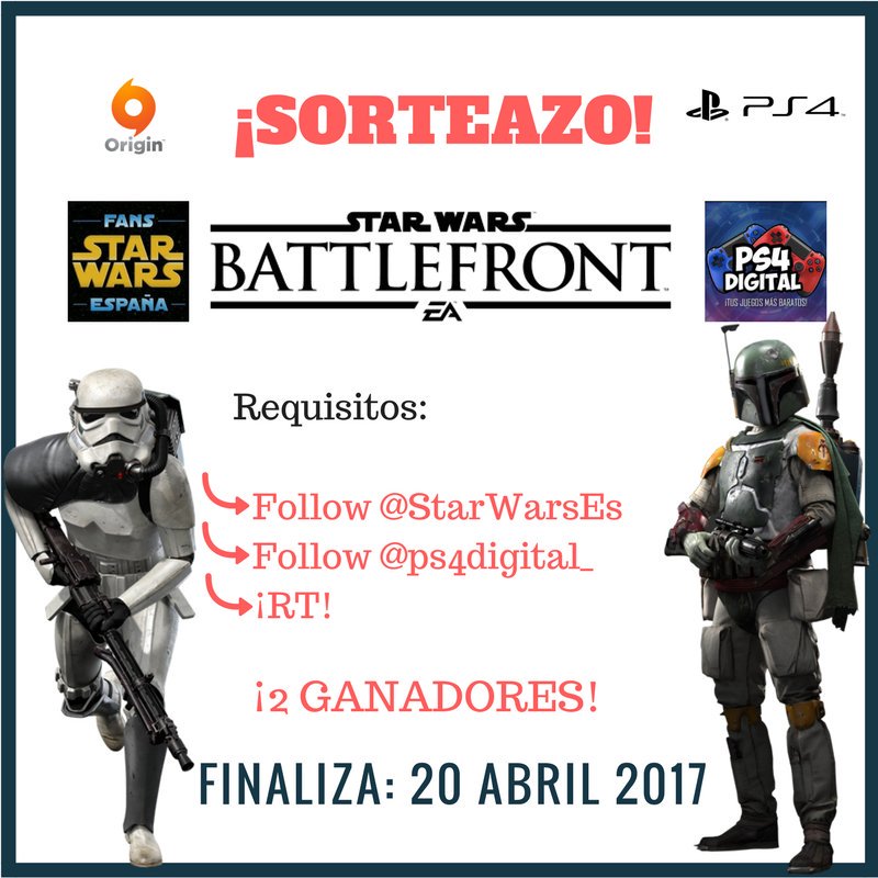StarWarsEs's tweet photo. ¡SORTEAZO! 👇

Participa en este sorteo haciendo RT y siguiendo a @ps4digital_ y @StarWarsEs y consigue el juego Star Wars Battlefront. https://t.co/uxOs9Cr2p2