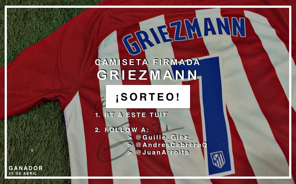 ¡¡NUEVO SORTEO!! ¿Quieres la camiseta de Griezmann firmada?

1- Da RT a este tuit.
2- Sigue a <a href="/Guille_Glez_/">Guille Glez</a>, <a href="/AndresCabreraQ/">Andrés Cabrera</a> y <a href="/JuanArroita/">Juan Arroita</a>.
