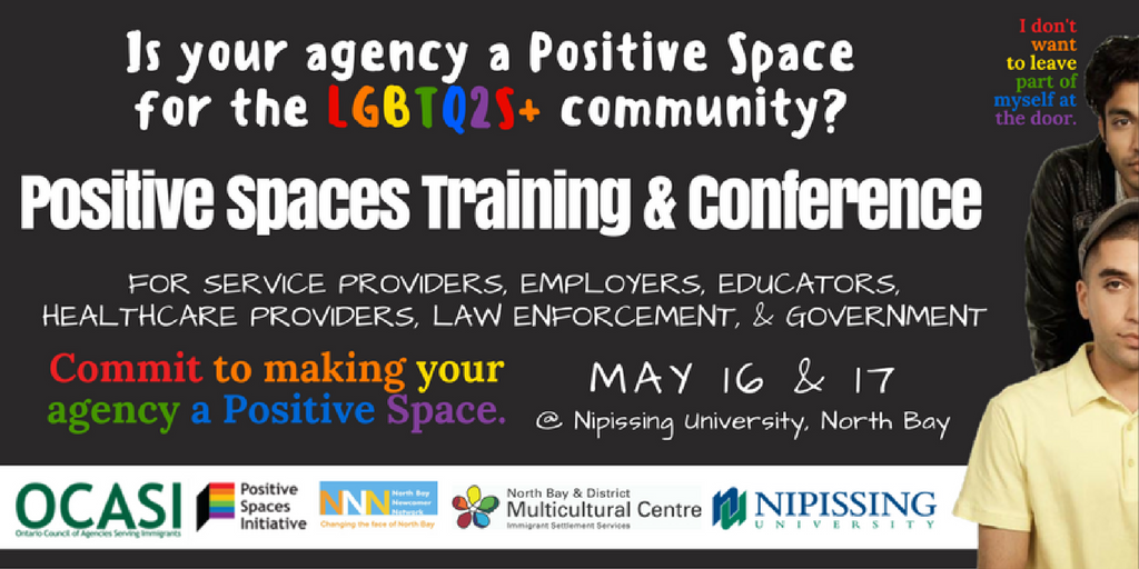 NBDMC's tweet photo. Free training & conference in @NorthBay on creating #NBayPositiveSpaces for #LGBTQ community https://t.co/Kt7TS6lRny @ocasi_psi @NipissingU https://t.co/nz9UPqDXxW