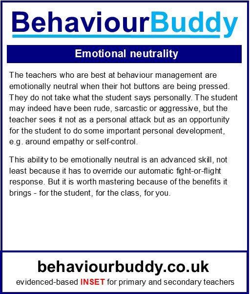 Teacher_LMc77's tweet photo. Fantastic - emotional neutrality! #behaviourbuddy @1980jtaylor @rjharrison007 @pepediiasio @jopalmer1 @alisonhoben https://t.co/AXZdp6iJkQ