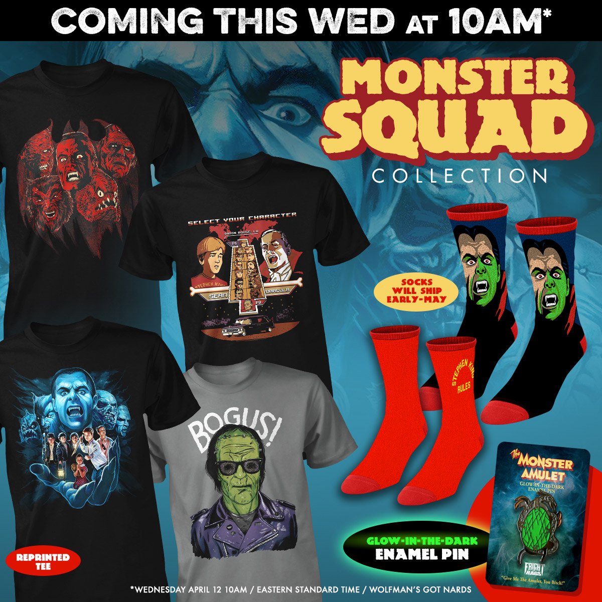 COMING THIS WEDNESDAY at 10am (EST)! #MonsterSquad Collection! 4 Tees, 2 Pairs of Socks, and a Glow-In-The-Dark Enamel Pin! #horror #tshirts