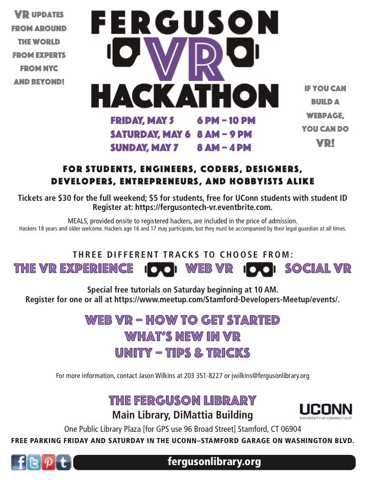 UConnStamford's tweet photo. Interested in VR? The Ferguson VR Hackathon is the right place for you! Registration link and info on flyer!
Sponsored by @fergusonlib https://t.co/urBpPU1llh