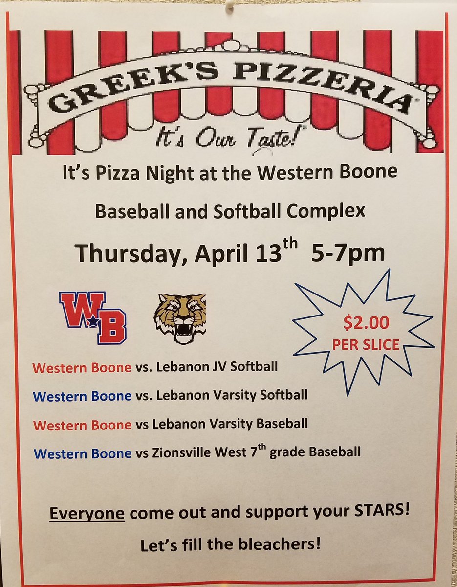 Thursday night WEBO vs Lebanon in JV/Varsity Softball and Varsity Baseball.  Let's fill the bleachers to #SupportYourStars 
Pizza $2/slice