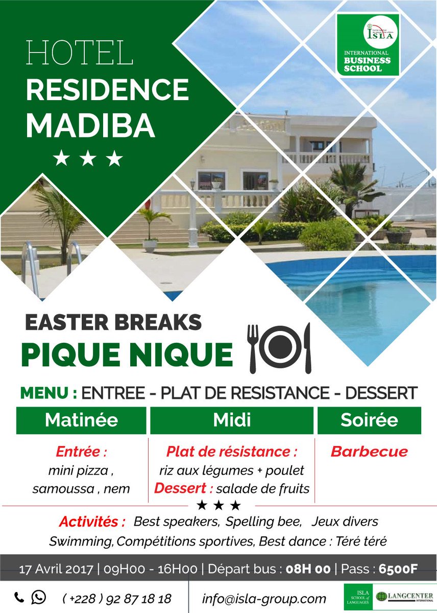 IslaLangcenter's tweet photo. Langcenter organises an event for Easter Breaks at Hotel Résidence Madiba this Monday April 17th. Get ready! 
More info: 92 87 18 18 https://t.co/ScLO94Yfit