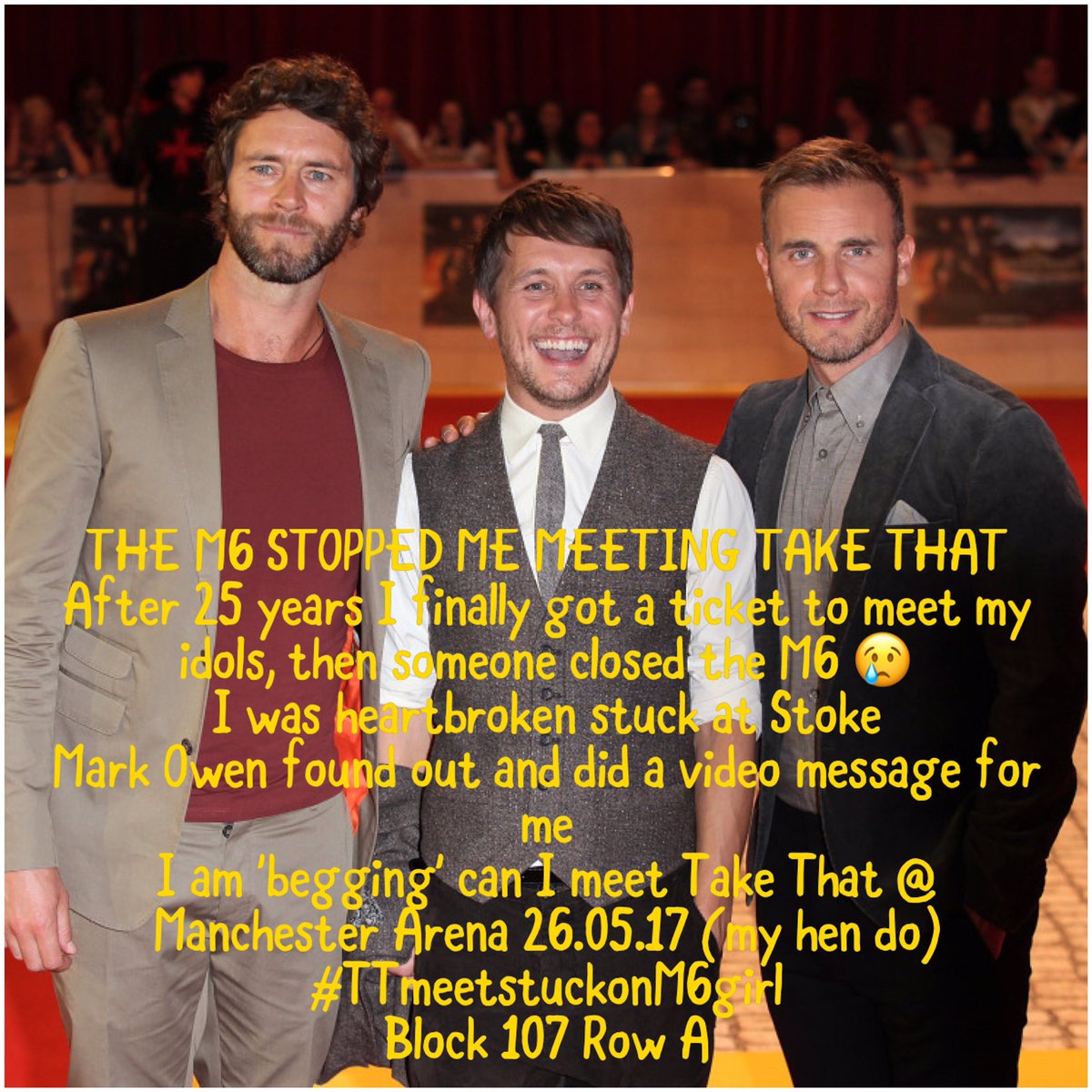scousebird77's tweet image. @GaryBarlow @HowardDonald @OfficialMarkO I'm the girl who was stuck on M6 so missed the signing 😢please meet me @ManchesterArena 26.05.17 🙏🙏