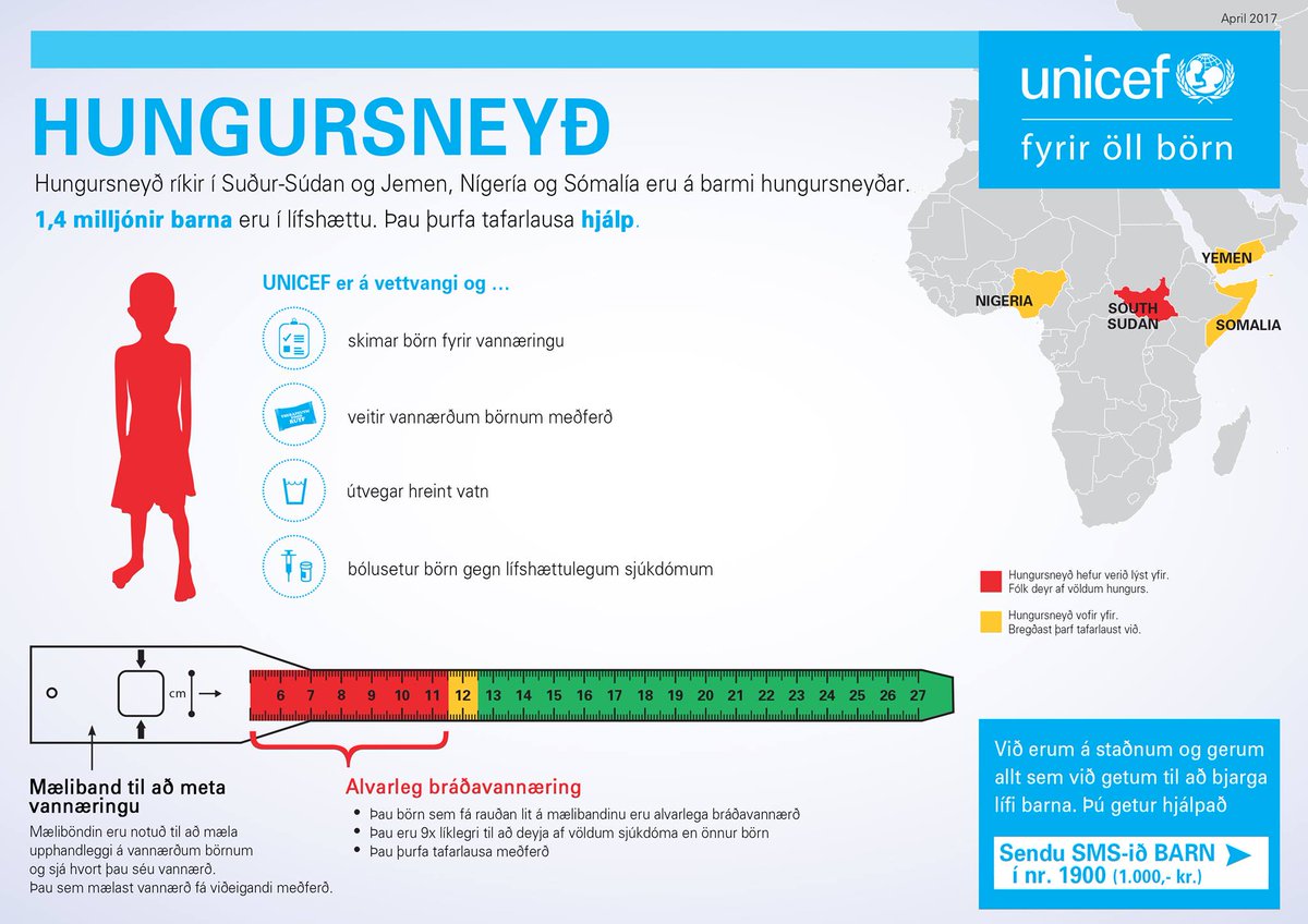 Raunveruleg hætta er á fjórum hungursneyðum í heiminum á sama tíma. Það hefur aldrei gerst frá stofnun SÞ: unicef.is/neyd