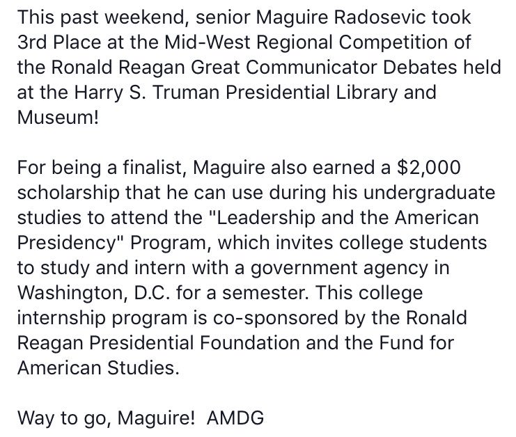 RockhurstHS's tweet photo. Senior Maguire Radosevic placed 3rd at the Regional Competition of the Ronald Reagan Great Communicator Debates! AMDG https://t.co/fK6oAZP8el
