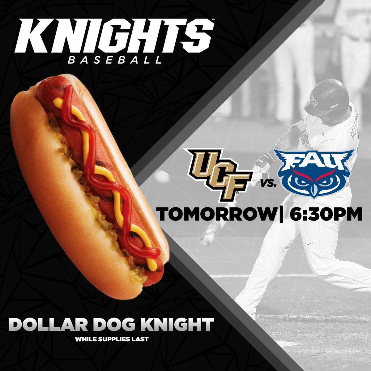 UCF_Baseball's tweet photo. Dollar Dog Knight is back!! Come grab dinner at the ballpark tomorrow  &amp; watch us take on the Owls!

#ChargeOn https://t.co/KlaoPNcwsb