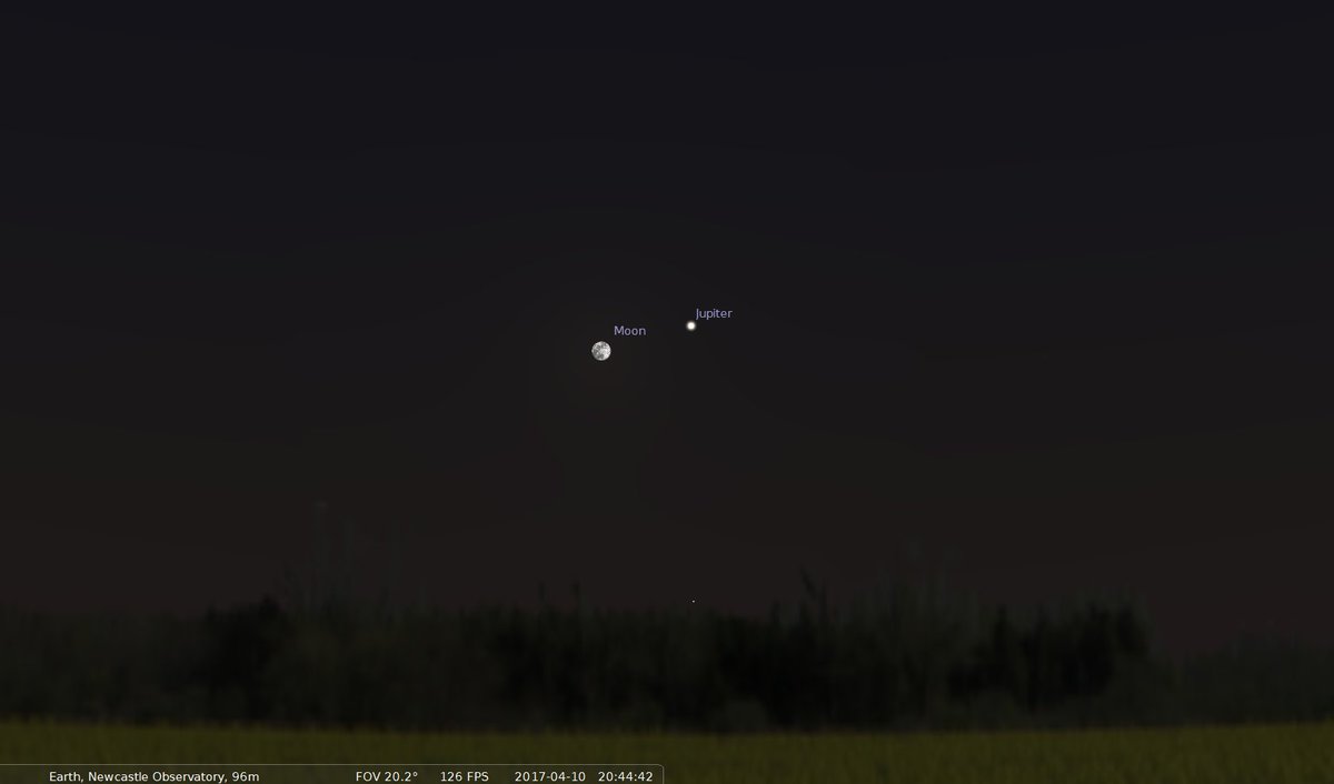 Jupiter is to the right of the Full Moon tonight, and below the pair is Spica, the brightest star in the constellation Virgo.