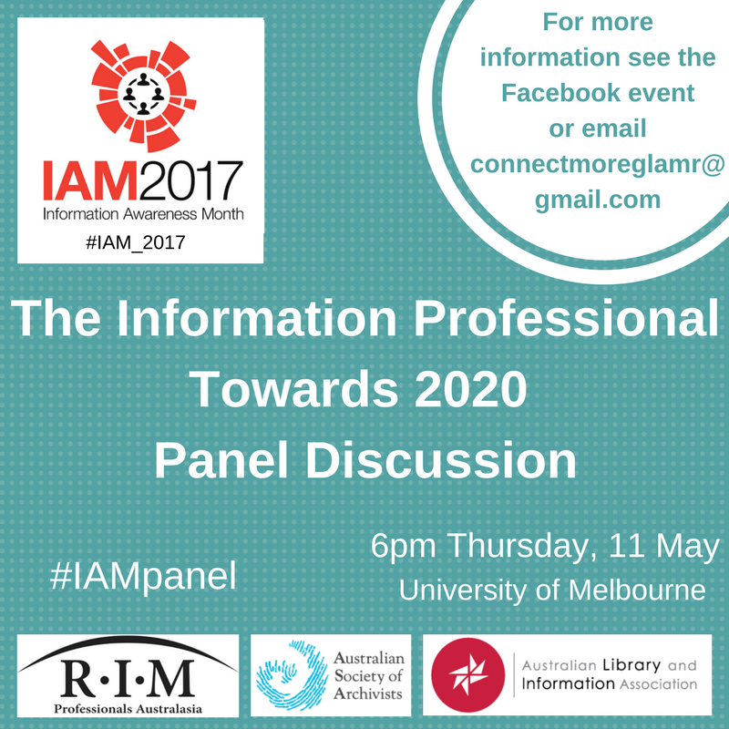 NicolaCLaurent's tweet photo. #IAMpanel discussion for #IAM_2017 on Thurs 11 May 6pm for #archives #libraries #glam New Profs &amp; Students.Register: https://t.co/rDtEKmVJWJ https://t.co/d9caI8OAGk