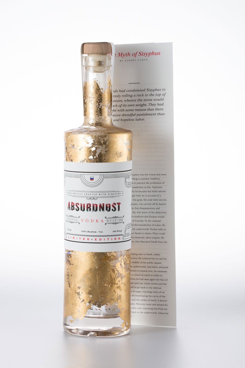 AIGAeyeondesign's tweet photo. Cheers @Juan_M_Corredor for reminding us that life is meaningless w his Camus-inspired design for Absurdnost vodka. https://t.co/bxQmb5mTBk https://t.co/mzr4D12bDr