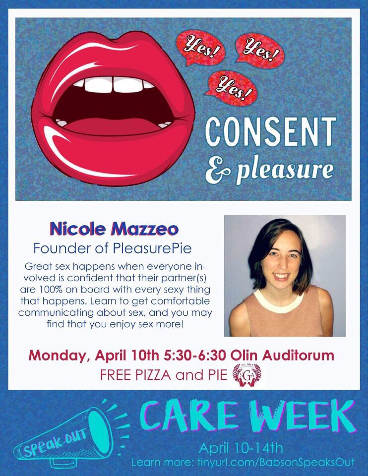 LeahSBerk's tweet photo. Excited to talk about consent and pleasure tonight! See you in the Olin Auditorium 5:30 @BabsonWellness #CAREweek https://t.co/wBK3fvWANH