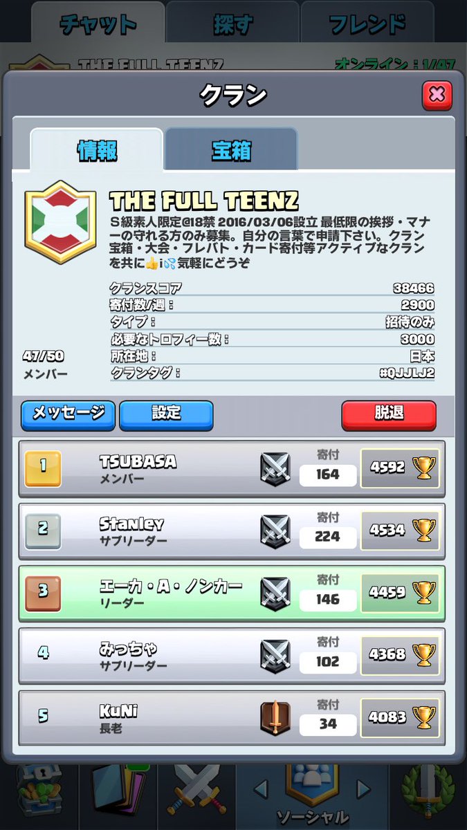 エーカ A ノンカー En Twitter クラン主催の大会 クラン宝箱 Max継続してます フレンドバトル カード寄付等楽しく積極的に参加してくださる方 マナー重視です トロフィー3000 ローカルランクイン目標 に一緒に頑張って下さるアクティブさん永住希望の