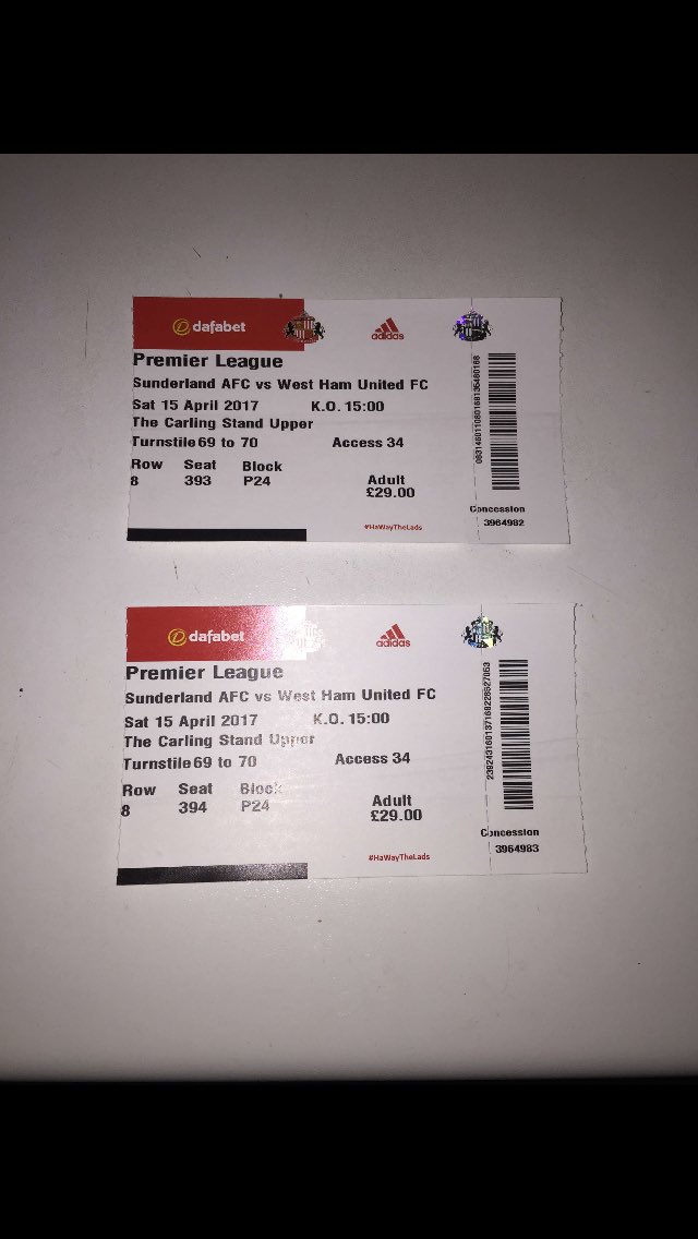 ironstalk1's tweet photo. Got two concession tickets for Sunderland away for sale, £20 for pair and preferably collect from benfleet. Dm me if interested and retweet. https://t.co/VKpQFzFgsi