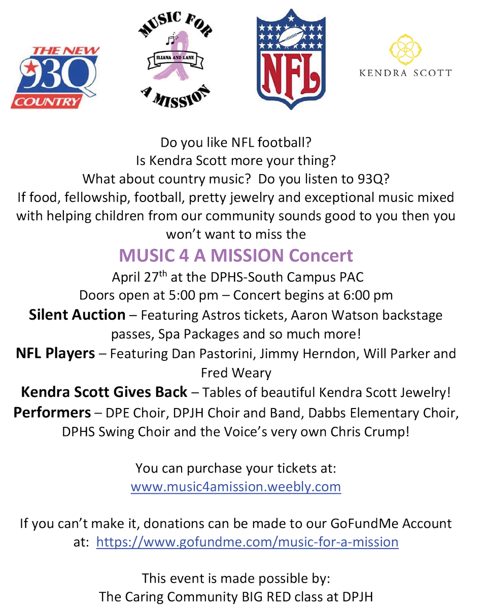 DPISD's tweet photo. Don't miss the MUSIC 4 A MISSION Benefit Concert, featuring @ChrisCrumpMusic, @KendraScott Jewelry, and more! https://t.co/F6h0Rya3BI https://t.co/yqnjy88W9I