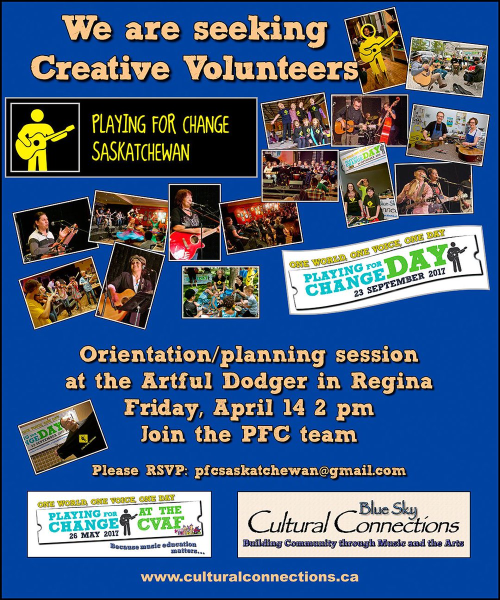 Blue Sky Cultural Connections is seeking creative #volunteers &amp; #musicians 4 #PlayingforChange #Sask. Info session 2 PM Fri <a href="/ArtfulDodgeCafe/">The Artful Dodger</a>