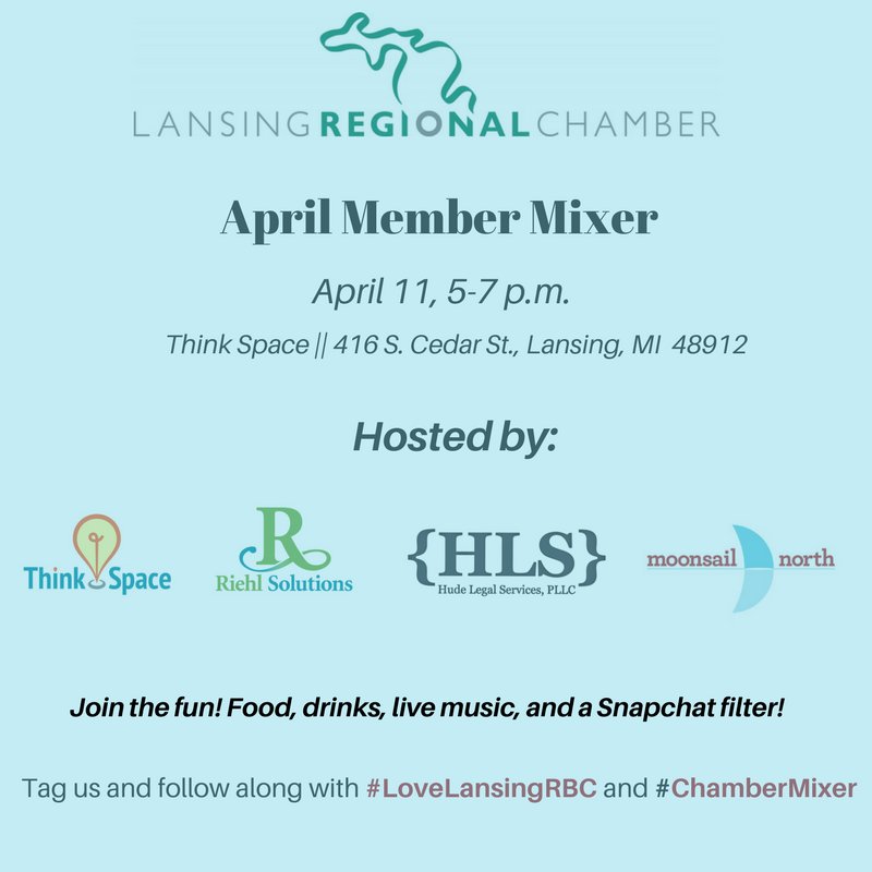 Join <a href="/hudelaw/">Hude Legal Services</a>, Riehl Solutions &amp; #TeamMoonsail for a @lansingchamber mixer at <a href="/thinkspacelab/">Think Space, LLC</a> Tuesday 5-7 pm! #LoveLansingRBC #ChamberMixer