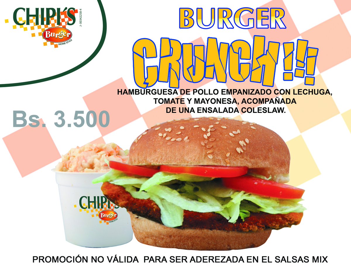Prueba nuestra NUEVA #BurgerCrunch hamburguesa de pollo empanizado con tomate y lechuga, acompañada de una deliciosa ensalada Coleslaw.