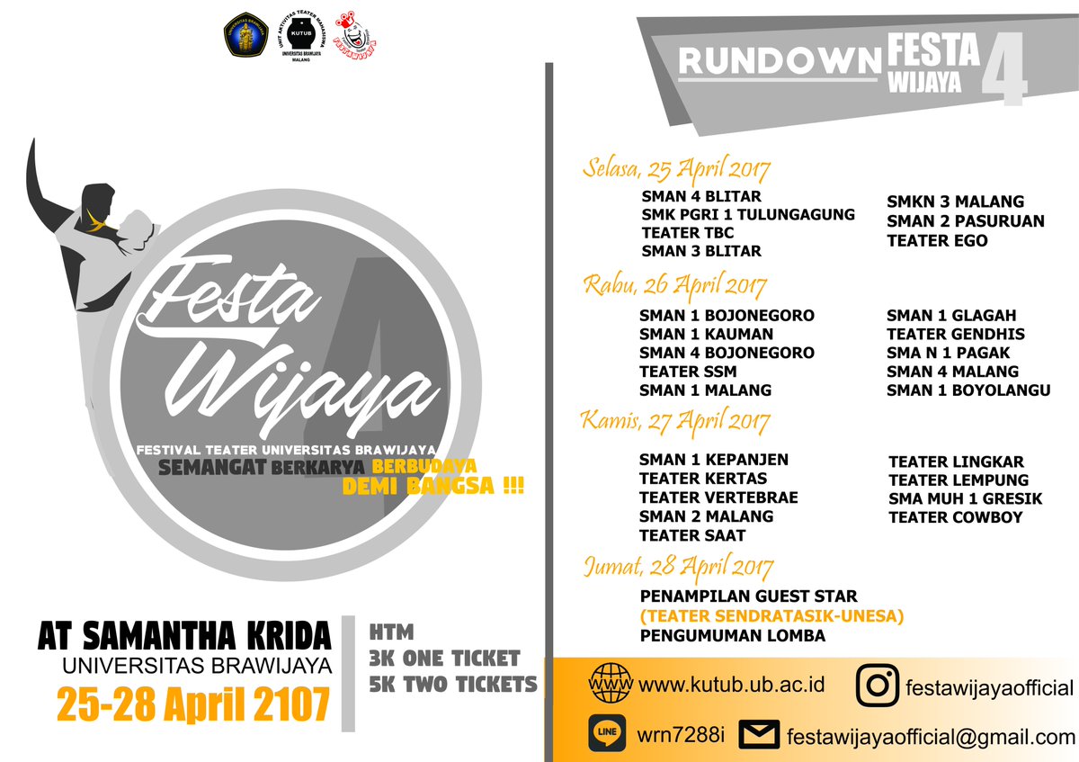 Salam Budaya ….!!!!
Berikut ini kami informasikan Rundown Penampilan Peserta FESTAWIJAYA 4
Ayo datang &amp; dukung penampilan peserta favoritmu!
