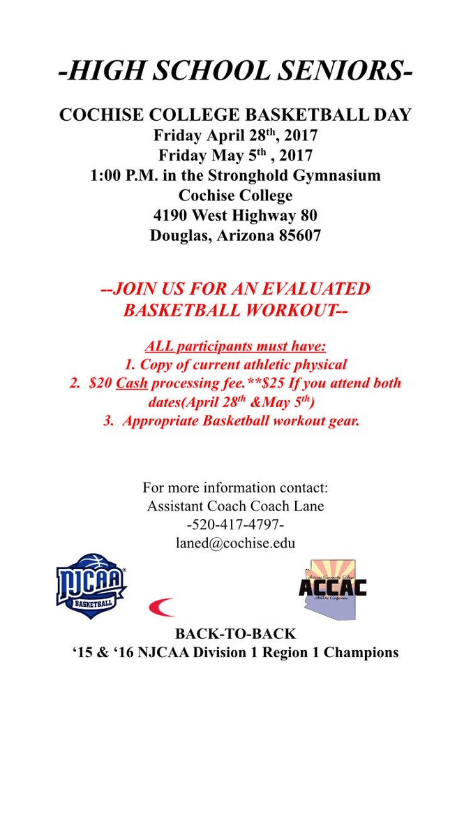 Cochise basketball day is coming up. Make sure you are in attendance April 28th and May 5th