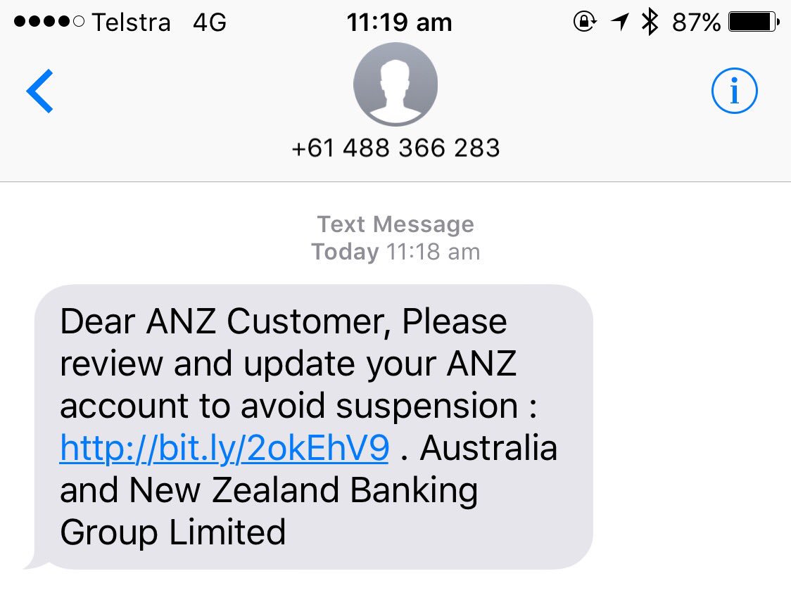 selin_lanzafame's tweet photo. @ANZ_AU Hi ANZ, just got this SMS from "you". I don't have an ANZ account. Please let your customers know about the phishing scam! https://t.co/Ogw6GsUU3q