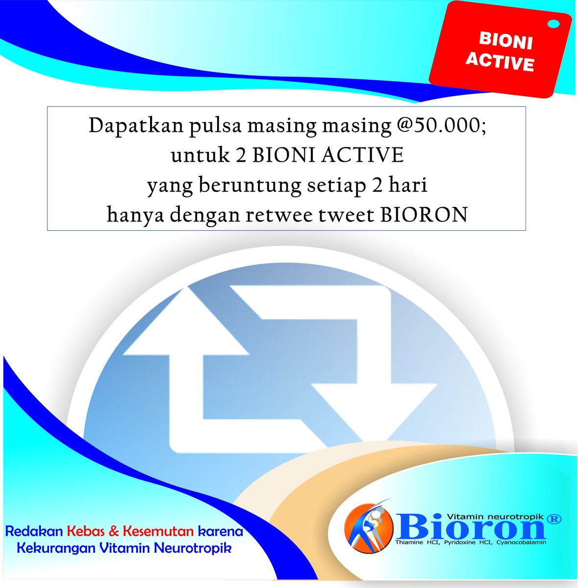 Bioron_ID's tweet photo. Dapatkan voucher pulsa @ Rp 50.000,- untuk 2 BIONI yang beruntung. hanya dengan retweet tweet BIORON dan ajak 2 BIONI ikutan. #SolusiLelah https://t.co/xdzZ2bWt2B